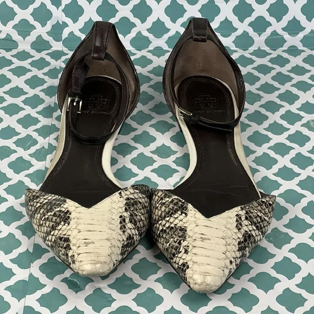 Tory‎ Burch Women’s V-Cut Ankle Strap Pointy Toe Flats Snake Skin Size 8.5